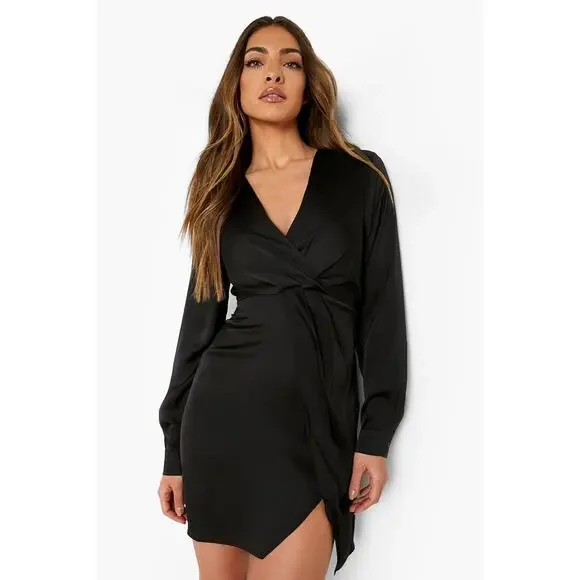 Satin Black Faux Wrap Front Plunge Mini Dress V Neck Twist Size Medium - Picture 1 of 8